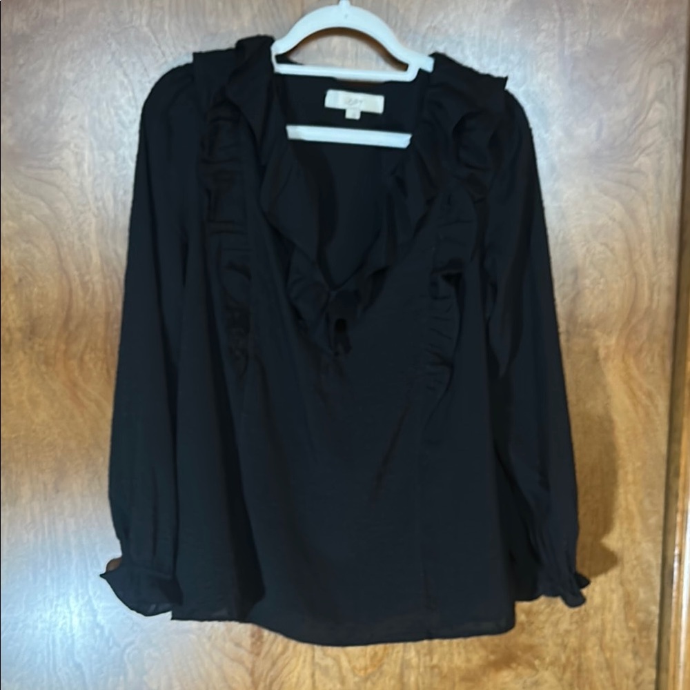 LOFT Black Long Sleeve Ruffled Tie Front Blouse